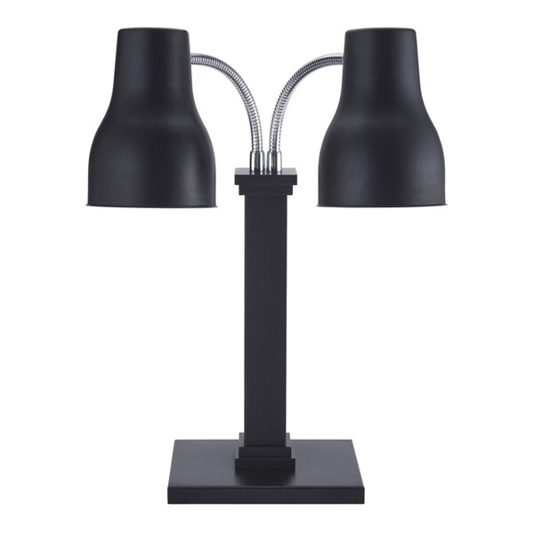 A matte black stainless steel double head heat lamp with adjustable necks on a square base.