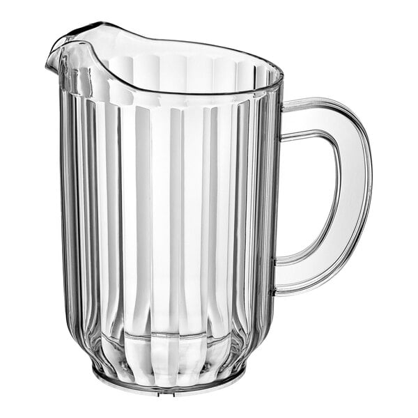 A clear plastic beverage pitcher with a handle and spout.