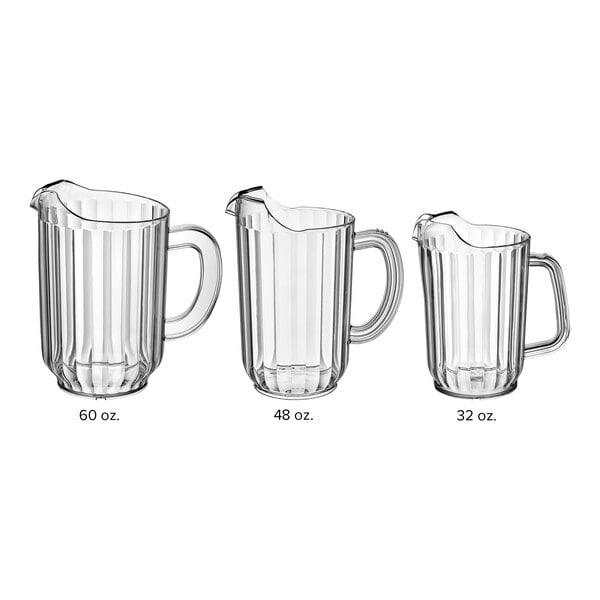 A clear plastic beverage pitcher with a handle and spout, shown in three different sizes: 60 oz., 48 oz., and 32 oz.