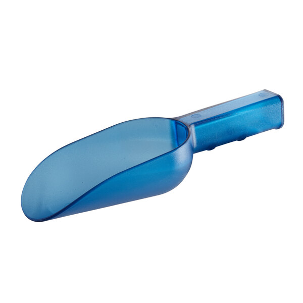 A blue plastic scoop with a flat handle.