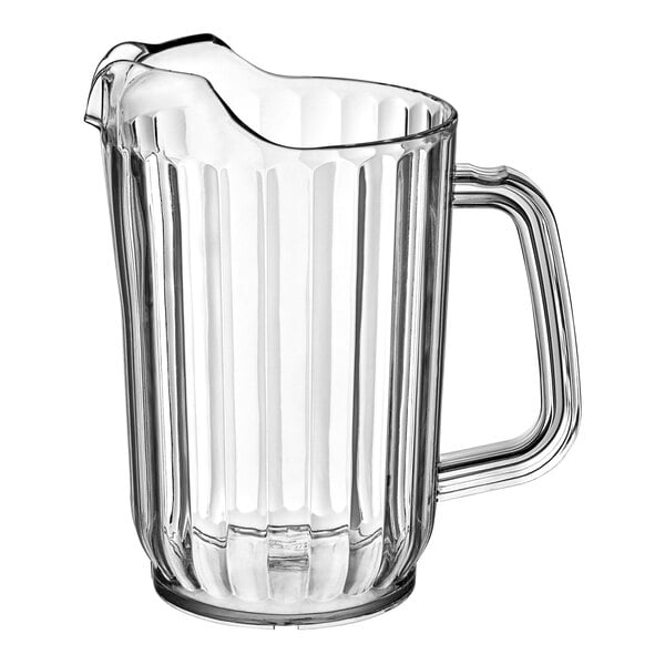 A clear 32 oz. plastic beverage pitcher with a handle and spout.