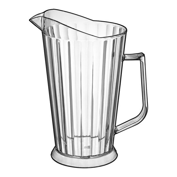 A clear, ribbed polycarbonate beverage pitcher with a handle and spout.