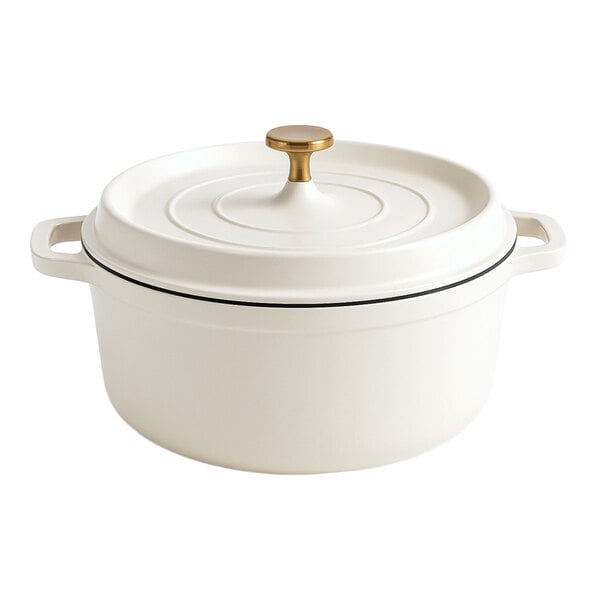 A white round non-stick casserole dish with a lid and gold knob handle.