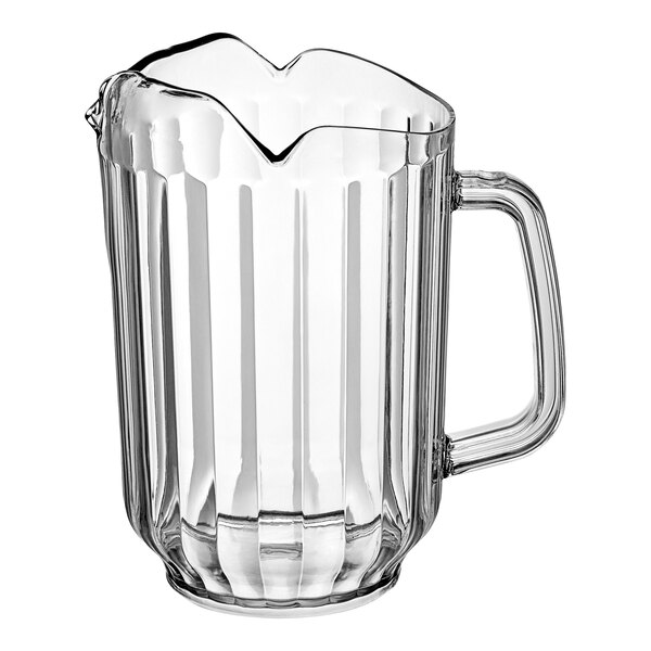A clear plastic beverage pitcher with a handle and three spouts.