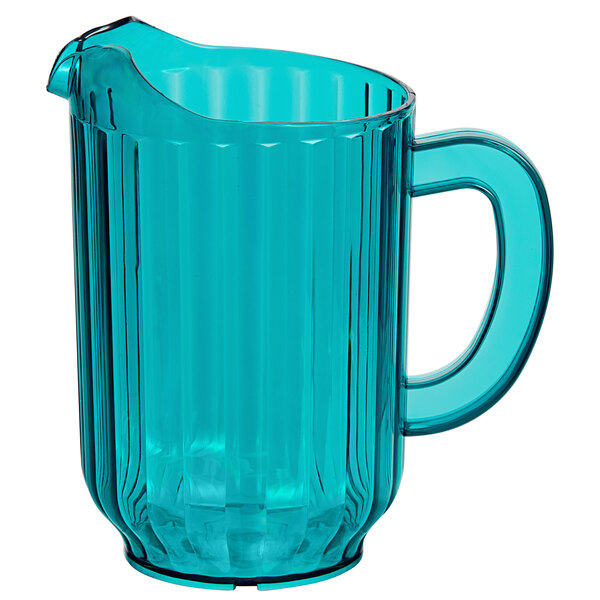 A turquoise plastic beverage pitcher with a handle and spout.