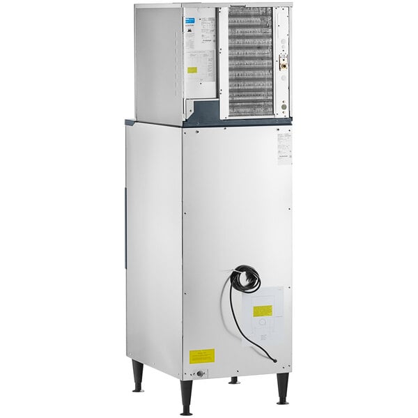 A commercial air-cooled ice machine and dispenser unit with a stainless steel exterior and visible wiring.
