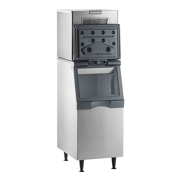 A stainless steel air-cooled small cube ice machine with a storage bin.