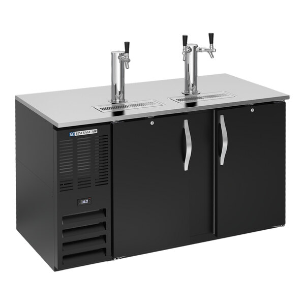 A black kegerator beer dispenser with one single and one double tap, featuring two doors and a stainless steel top.
