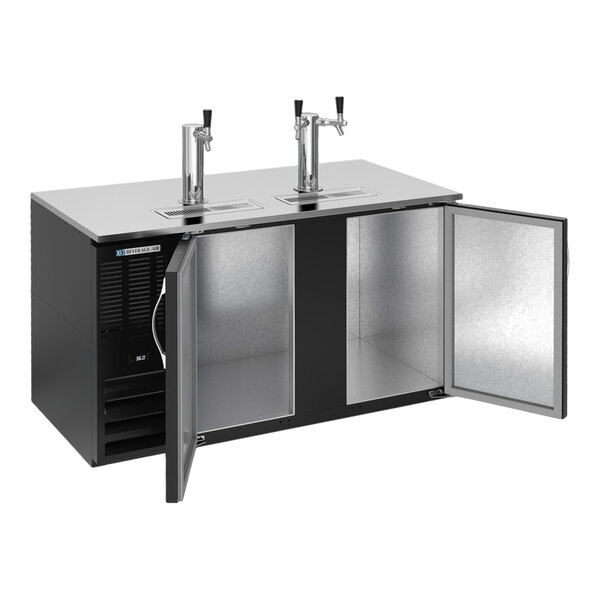 A black kegerator beer dispenser with one single and one double tap, featuring two open doors and a stainless steel top.