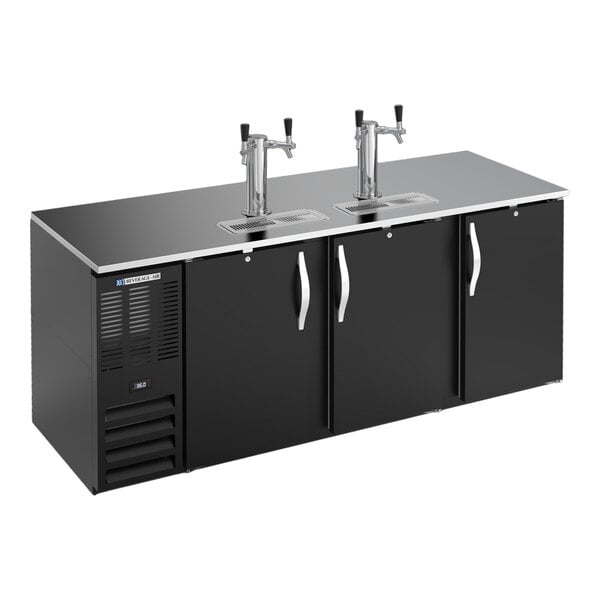 A black commercial kegerator beer dispenser with three doors and two double tap towers.