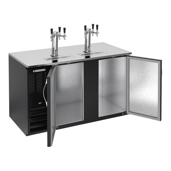 A commercial black kegerator beer dispenser with two triple tap towers and double doors, designed to hold two half kegs.