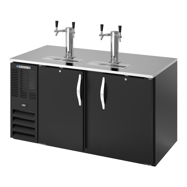A black double-door kegerator beer dispenser with two double tap towers.