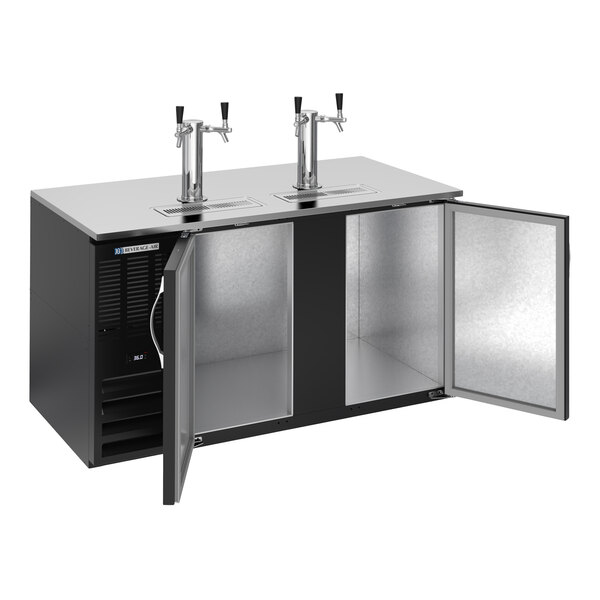 A black double tap kegerator beer dispenser with two open doors and two tap towers on top.