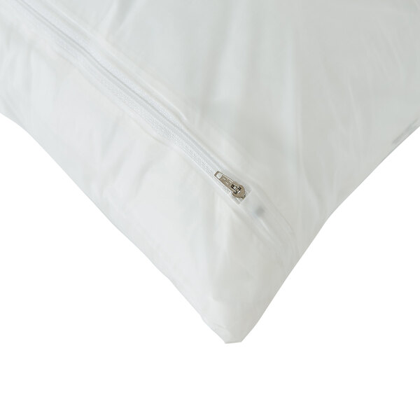 A white vinyl waterproof pillow protector with a zipper closure.