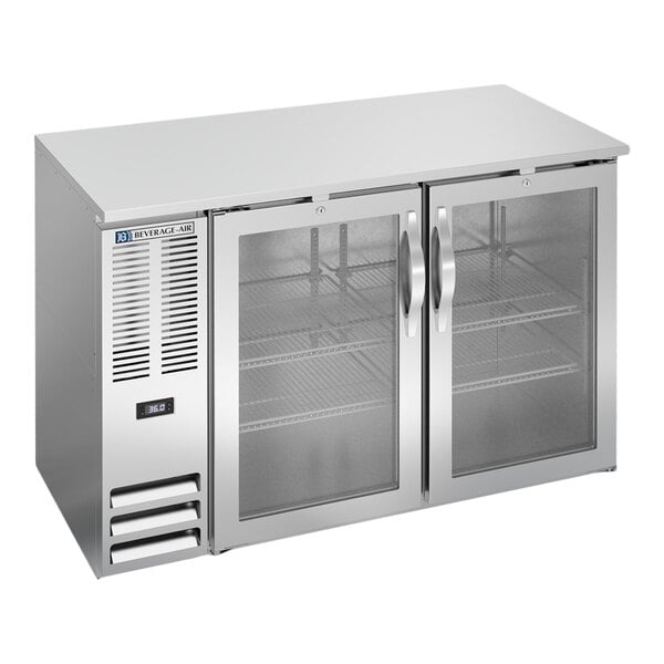 A stainless steel underbar height back bar refrigerator with two glass doors and shelving inside.