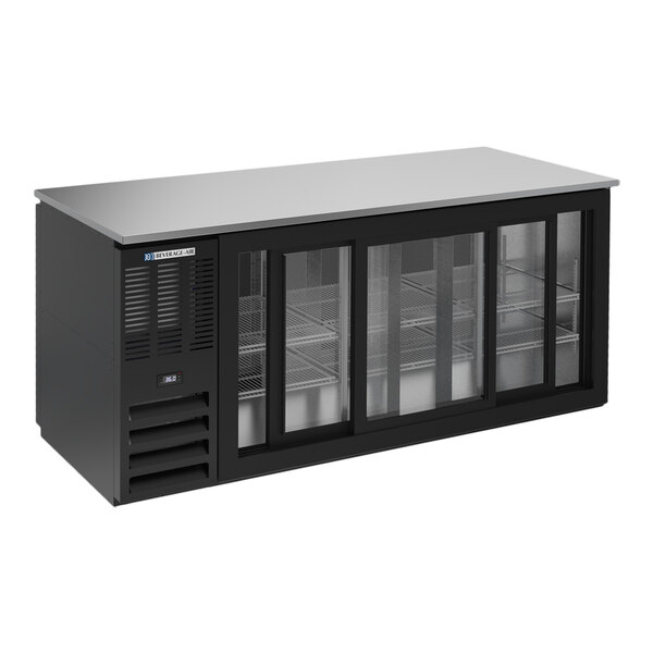 A 72-inch black underbar height glass door pass through back bar refrigerator.
