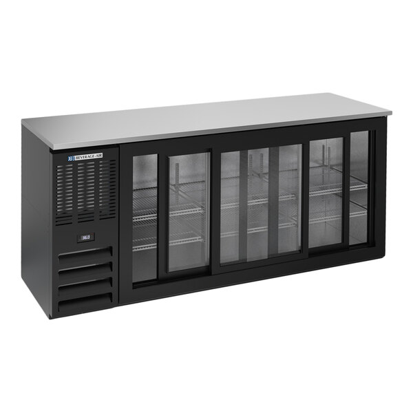 A black underbar height back bar refrigerator with sliding glass doors and a stainless steel top.