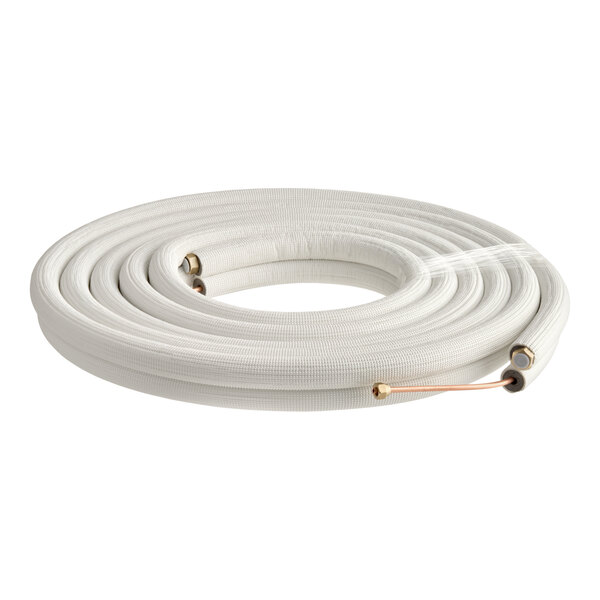 A coiled white PE-insulated copper tube line set with flared ends and brass fittings.