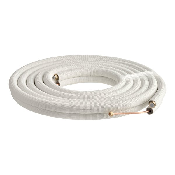 A coiled white PE-insulated copper tube line set with flared ends, used for HVAC applications.