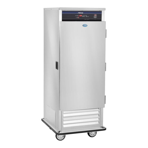 A stainless steel commercial air screen refrigerator on wheels.