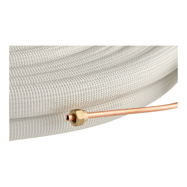 A 25-foot white PE-insulated copper tube line set with a flared end, used for HVAC applications.