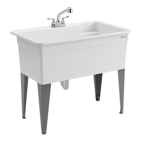 A large white polypropylene utility laundry tub sink with steel legs and a chrome faucet kit.