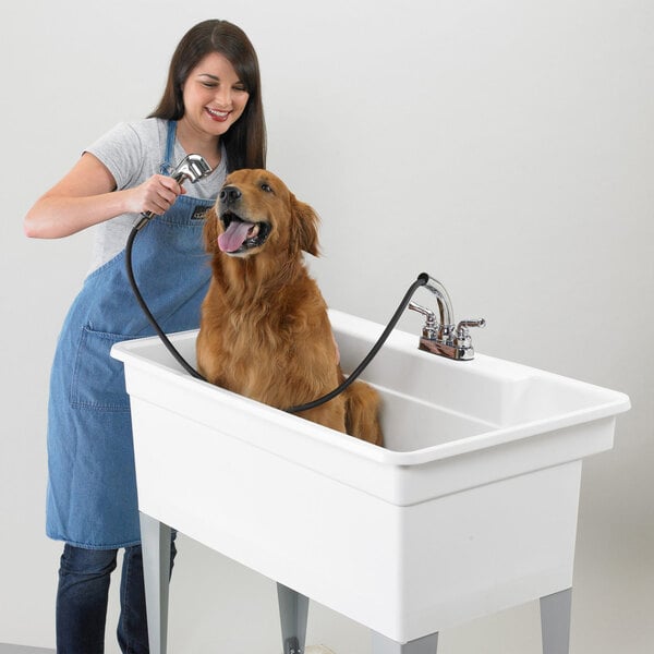 A large white polypropylene utility laundry tub sink with steel legs and a faucet kit, shown being used to bathe a dog.