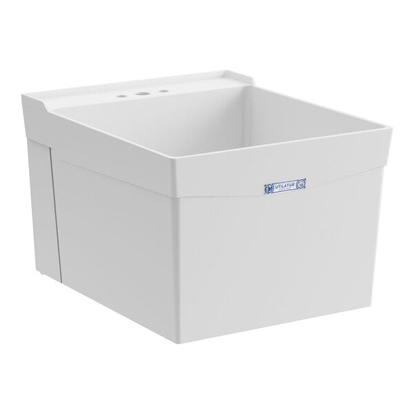 A white thermoplastic wall-mount utility laundry tub sink.