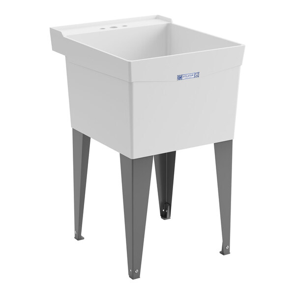 A white thermoplastic utility laundry tub with steel legs.