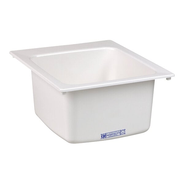 A white fiberglass drop-in utility sink with a 3 1/2 inch drain opening.