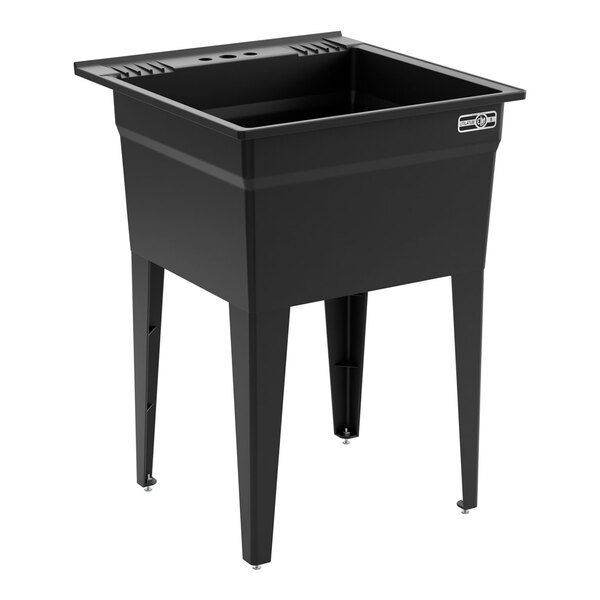 A black thermoplastic utility laundry tub sink with molded legs.