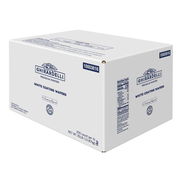 A large white box of Ghirardelli White Coating Wafers weighing 35 pounds.