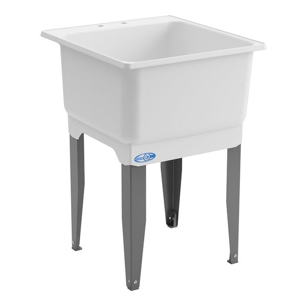 A white polypropylene utility laundry tub sink with steel legs.