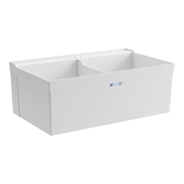 A white, two-compartment thermoplastic wall-mount utility laundry tub sink.