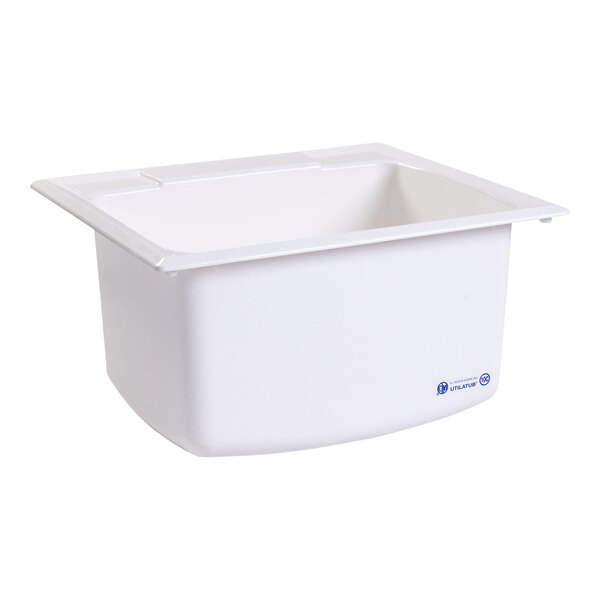 A white fiberglass drop-in utility sink with a 3 1/2 inch drain opening.