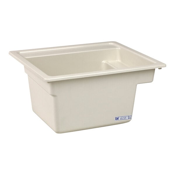 A rectangular biscuit-colored fiberglass drop-in sink.