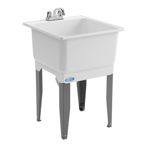 A white utility laundry tub sink with steel legs and a faucet kit.