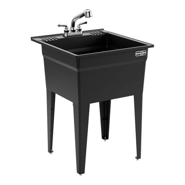 A black thermoplastic utility laundry tub sink with molded legs and a faucet kit.