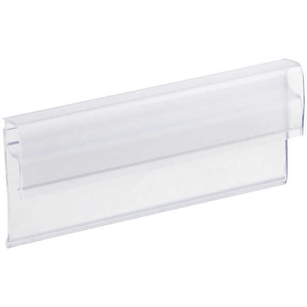A clear clip-on label holder designed for wire basket shelving.