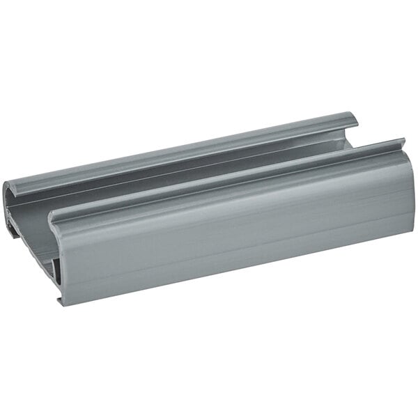 A gray label holder designed for wire shelving, measuring 3 inches by 1 1/4 inches.