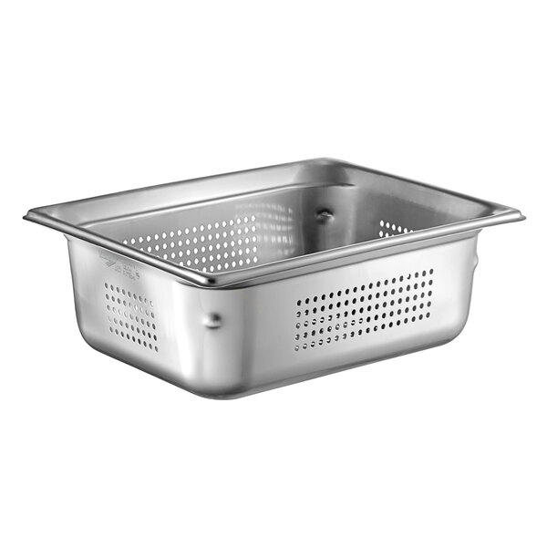 A Vollrath stainless steel steam table pan with holes.
