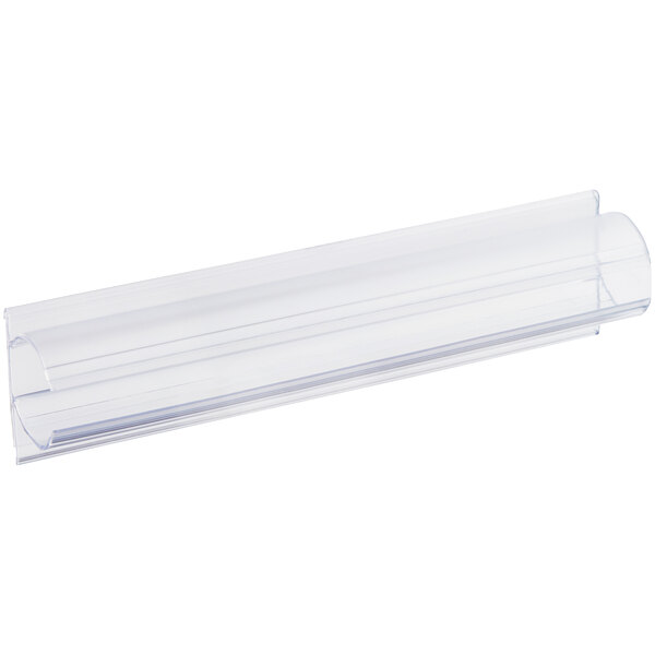 A clear vertical clip-on label holder for shelf posts.