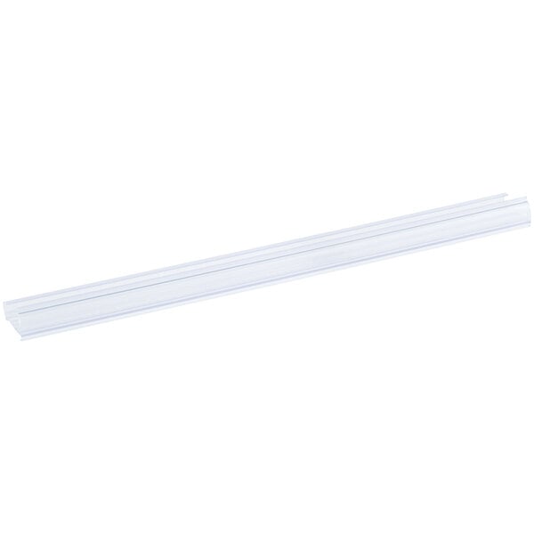 A clear plastic label holder designed for wire shelving, measuring 13 inches by 1 1/4 inches.