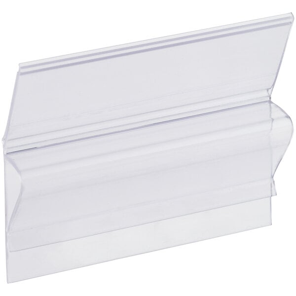 A clear plastic clip-on label holder designed for bins.