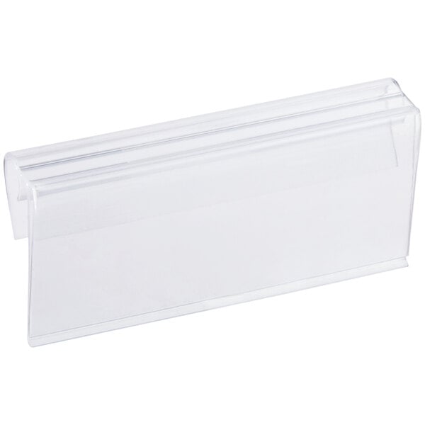 A clear plastic clip-on label holder designed for shelving with mats.