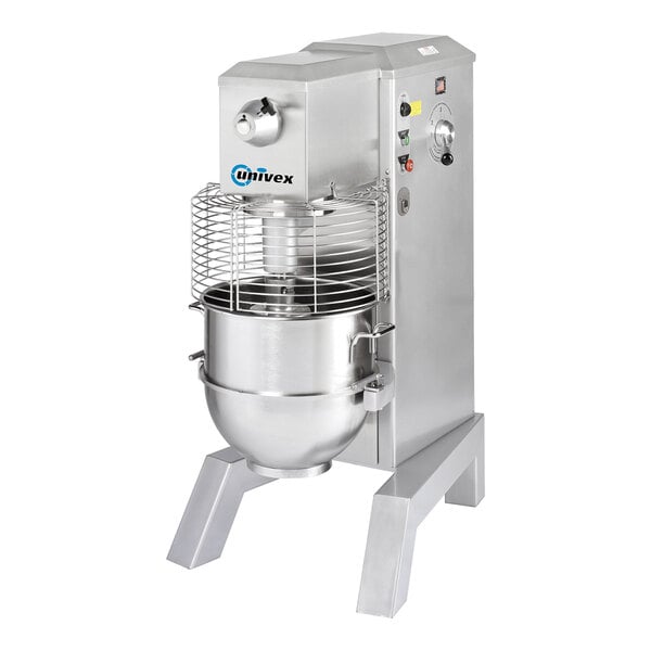 A heavy-duty Univex planetary floor mixer with a stainless steel bowl, safety guard, and control panel.
