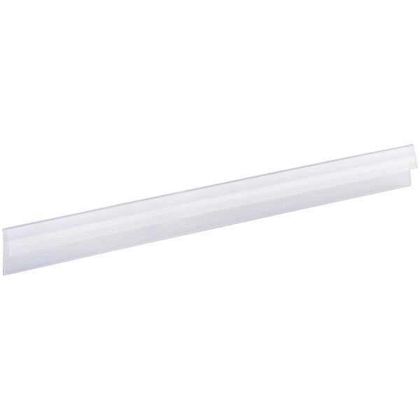 A clear clip-on label holder designed for wire basket shelving, measuring 16 1/2 inches by 1 1/4 inches.