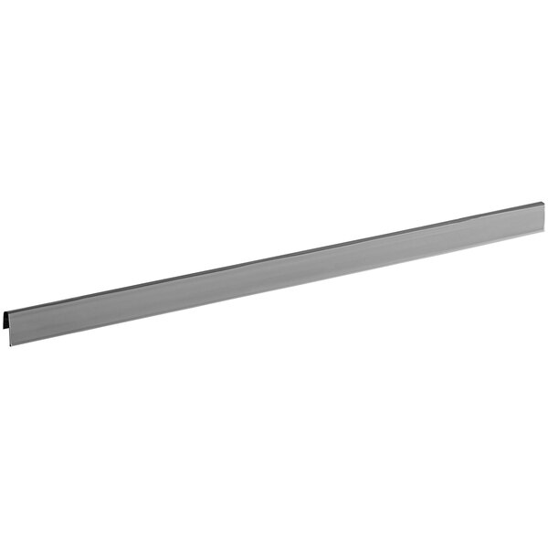 A gray clip-on label holder designed for wire basket shelving.