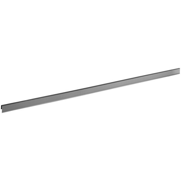 A gray 56-inch by 1 1/4-inch clip-on label holder designed for wire basket shelving.