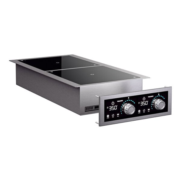 A dual hob drop-in induction range with a digital control panel and temperature control probe.